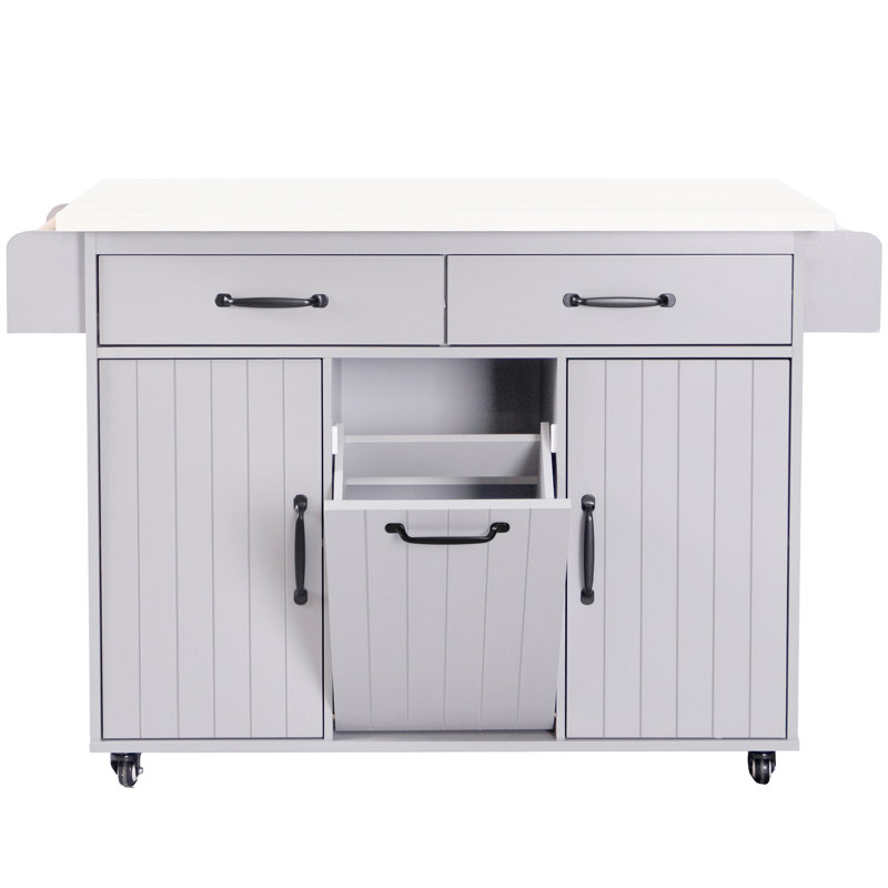 Îlot de cuisine mobile avec support à poubelle, abattant, tablette à épices, porte-serviettes, tablettes réglables, boîte grise, barre pliable, chaleureux