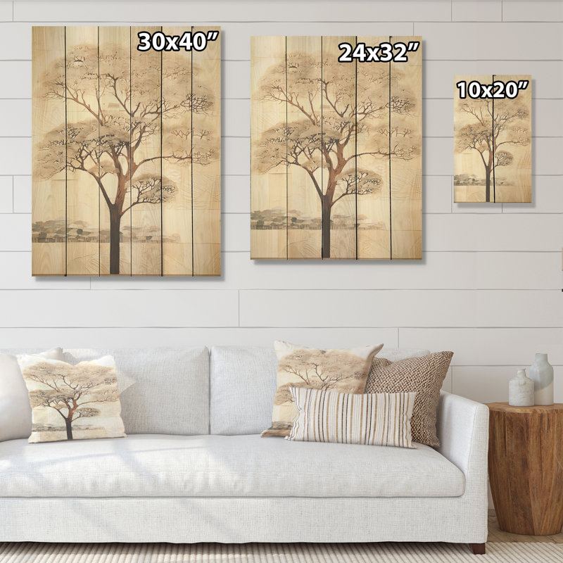 African Beige Tree Minimalism I - Tree African Wood Art On Natural Pine Wood, 40" H x 30" W