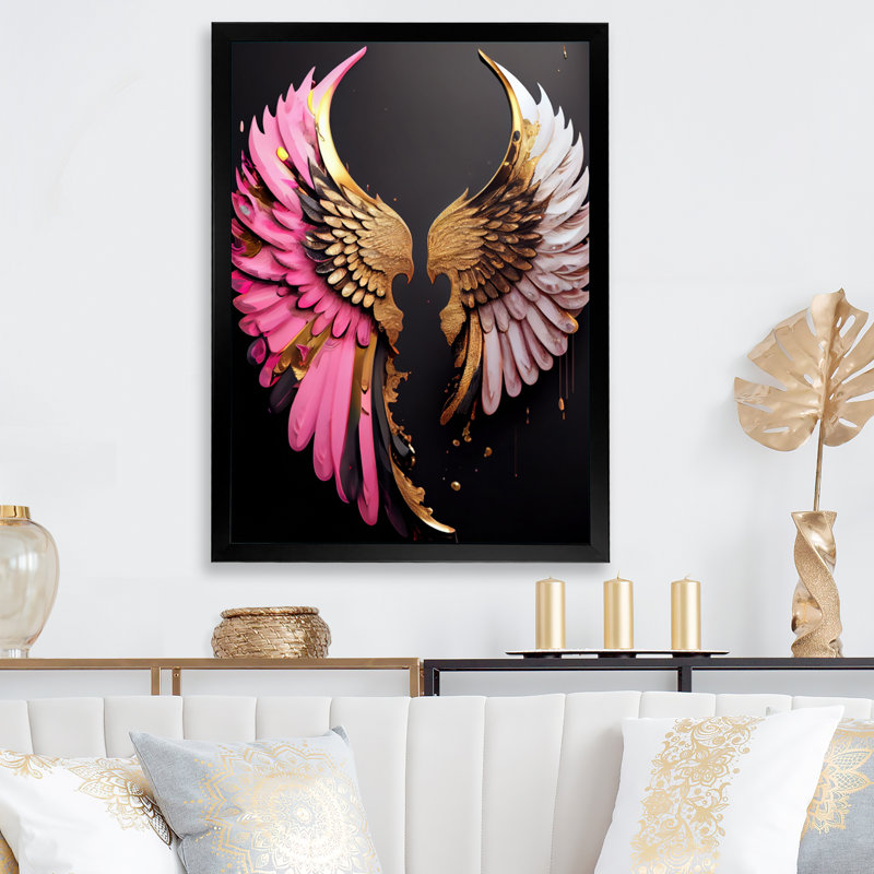 Rose, or et ailes d'ange noires III - Art mural contemporain sur toile glam