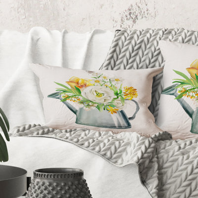 Rectangle,Roses Peonies & Marigolds In Garden Watering Can - Farmhouse Printed Throw Pillow -  Design Art, CU35273-12-20