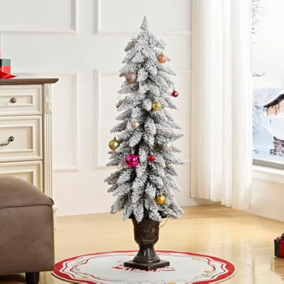 Mini arbre de Noël artificiel illuminé 3,5 pi avec 70 lumières blanc chaud pré-enfilées, Snowree Downswept enneigé, branches givrées, base d'urne, décorations pour fête de Noël