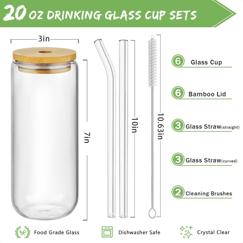 6-pack 20oz Glass Cups With Bamboo Lids