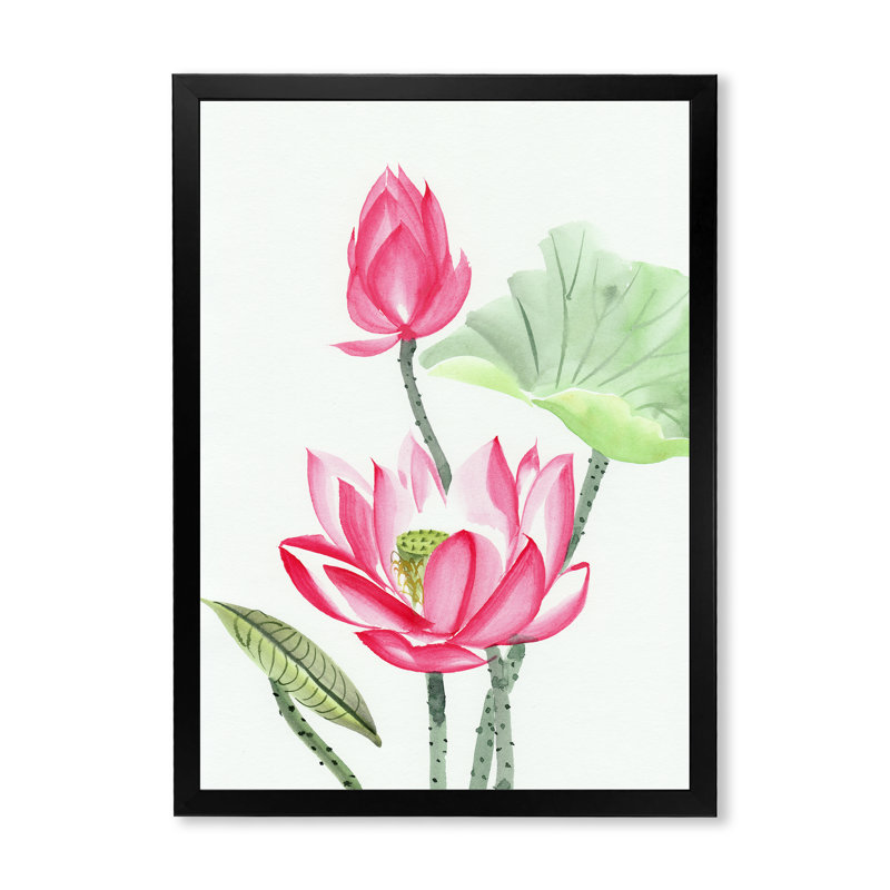 Fleur de lotus rose rétro - peinture sur toile, H 20 po x l 12 po x P 1,5 po, Toile avec cadre noir