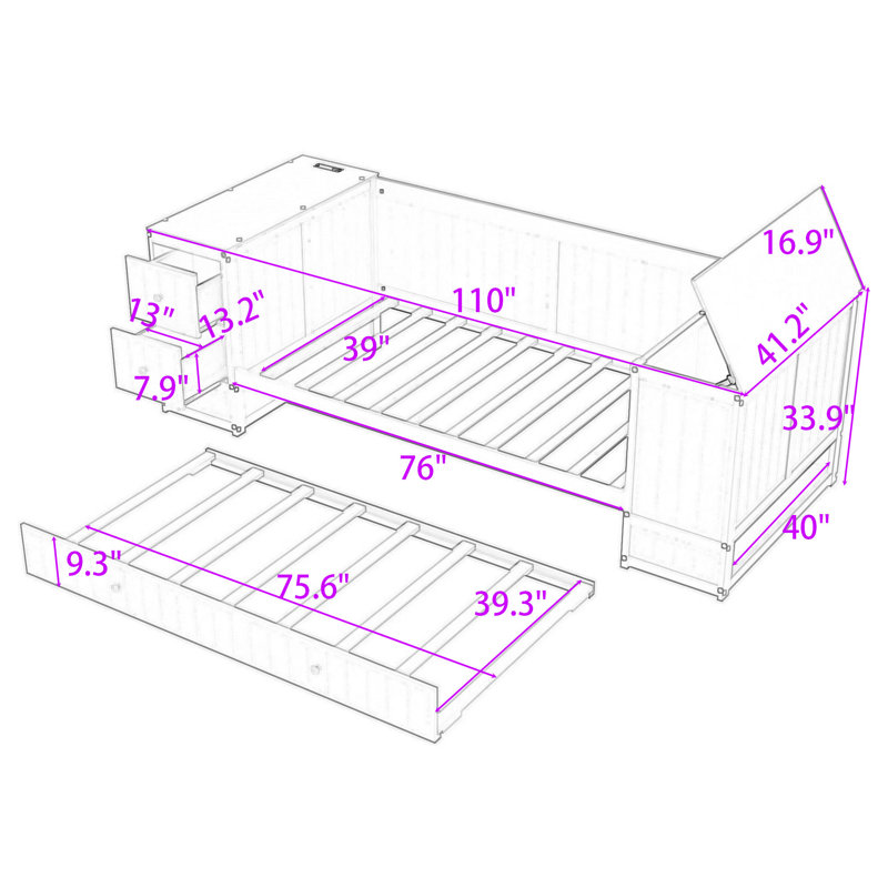 Dobb Twin Wood Daybed with Storage Arms and Trundle, Gray
