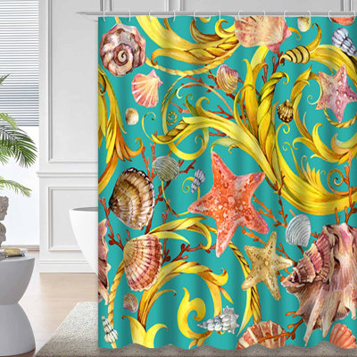 Sea Seashells Starfish Beach Marine Coral Shell Nautical Water Shower Curtain with 12 Hooks