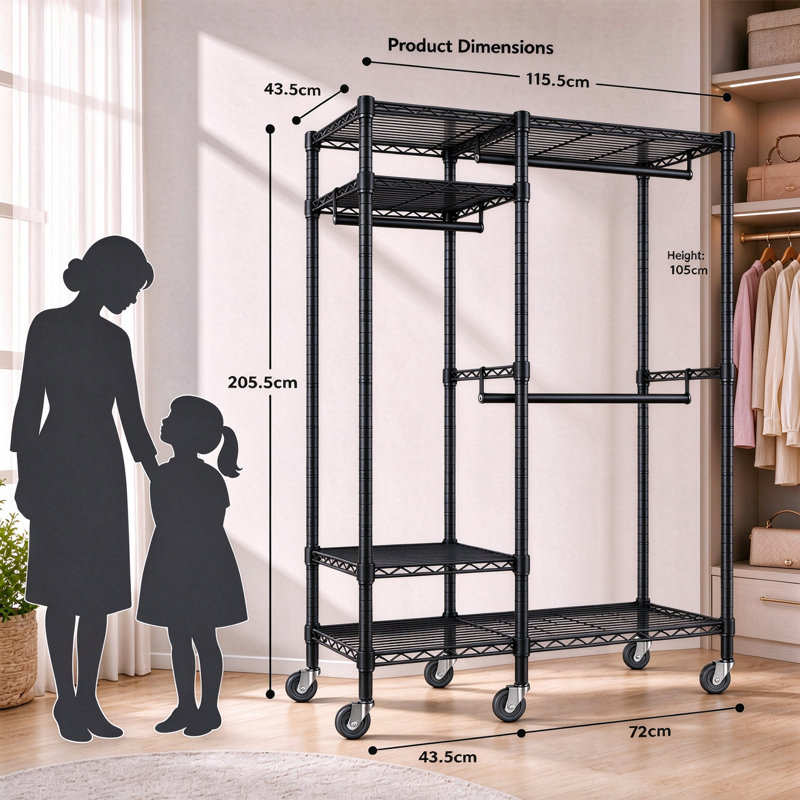 115.5 cm Adjustable Rolling Clothes Rack, Black