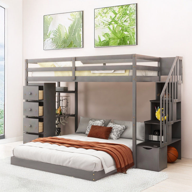 Lit plateforme avec rangement Jasten, lit superposé simple au-dessus de double avec tablettes à 3 niveaux, tiroirs et escalier de rangement