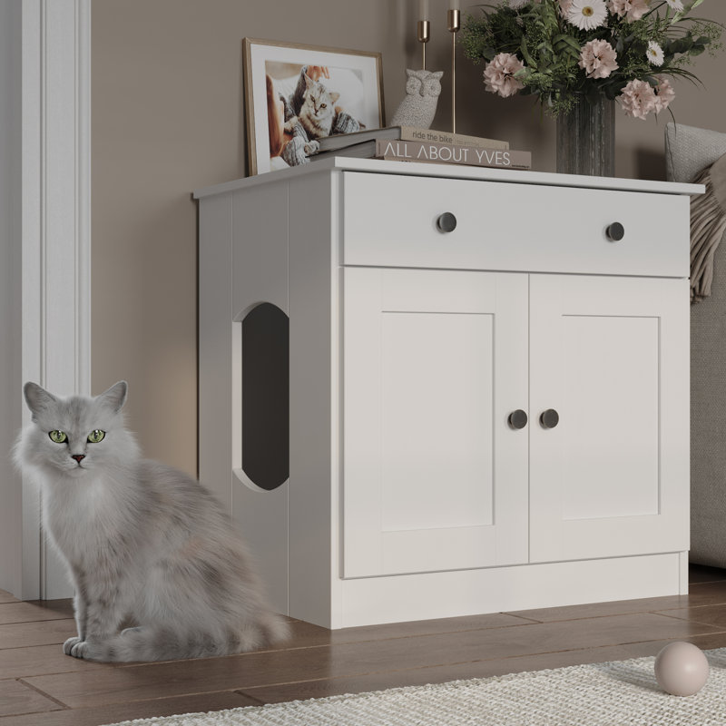 Enceinte pour chat 2 portes avec 2 tiroirs Palace Imports Haajarah, Blanc