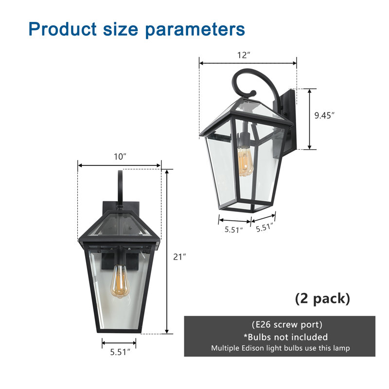 2-Pack Outdoor Wall Lanterns, 21'' Black Exterior Wall Sconces with Clear Glass Shade, Weatherproof Farmhouse Outdoor Lighting Fixtures for Porch, Patio, Garden