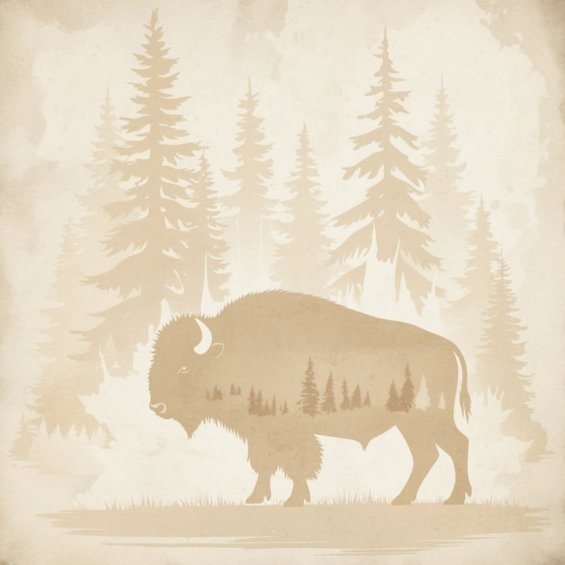 Bison dans des couvertures de forêt, L 60 po x H 80 po, Beige clair / beige moyen