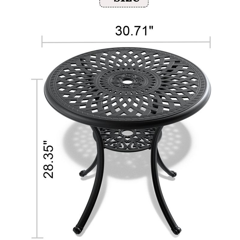 Table de salle à manger en aluminium coulé 30,11 pouces - structure noire, trou pour parasol, rouille, contenu 4 30,11 pouces Celebration Weather 4 Happy