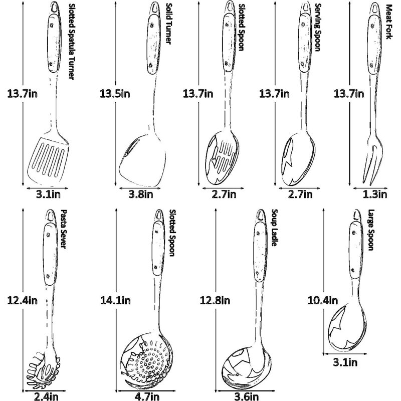 Ensemble d'ustensiles de cuisine 9 pièces en acier inoxydable avec poignées en bois - Comprend une cuillère, une spatule, une louche, un écumoire, une cuillère à pâtes - Va au lave-vaisselle et est ergonomique pour toute la batterie de cuisine