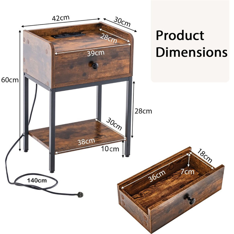 40cm W Metal Bedside Table