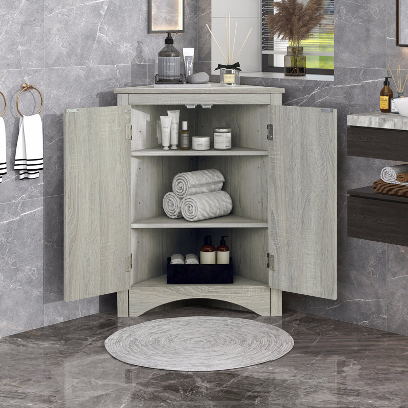 Armoire de rangement triangulaire pour salle de bain avec tablettes réglables, armoire de plancher autoportante, Gris clair