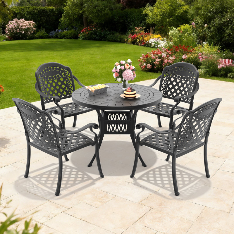 Ensemble de salle à manger d'extérieur rond 5 pièces de 100 cm (39,37 po) avec 4 chaises empilables et coussins rouges, 4
