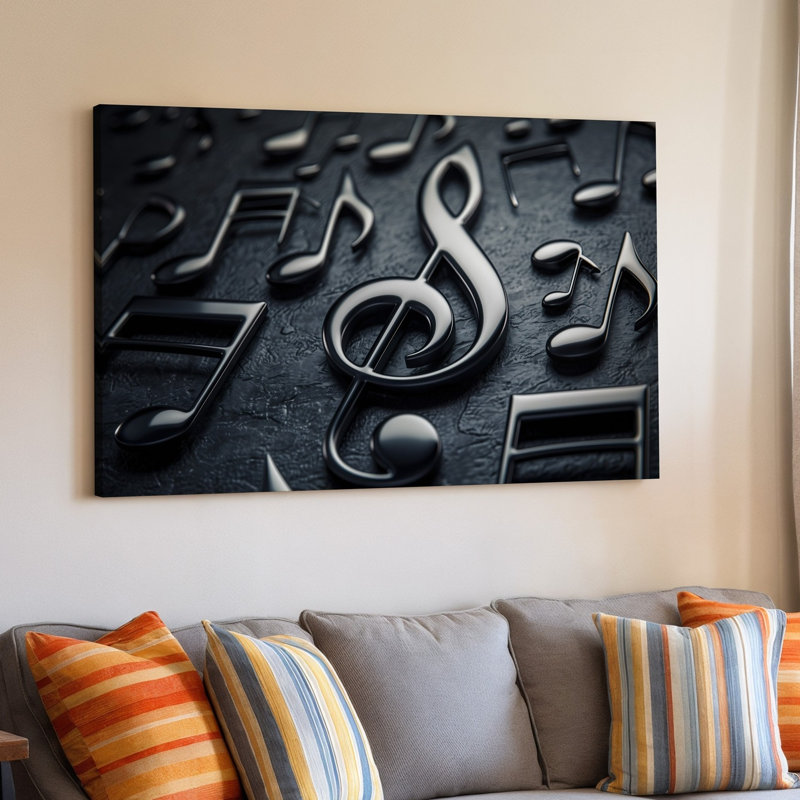 Toile, composition de gros plan avec art mural noir élégant et aigus sur fond de clé de sol et plusieurs notes de musique disposées sur toile sombre