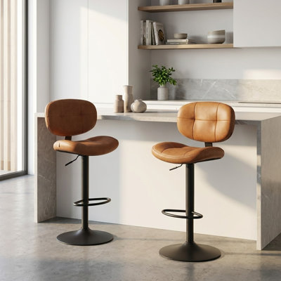 2Pcs Pu Leather Adjustable Swivel Bar Stool With Back