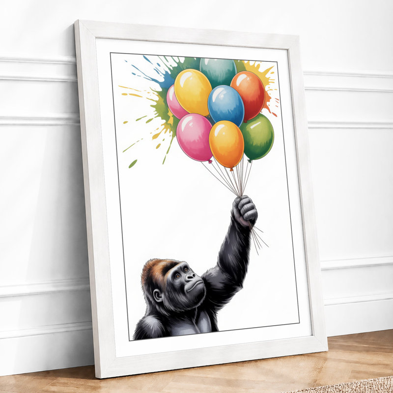 Chimpanzee and Balloons Modern - Framed Print, A1 - 84.1 x 59.4 cm, White