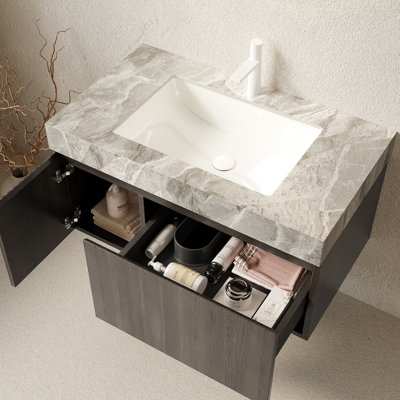 Meuble-lavabo de salle de bain 36 po MURI, armoire de rangement en contreplaqué flottant avec tiroir et porte, plateau en pierre frittée gris clair et lavabo en céramique avec 1 trou de robinet pré-percé, pré-assemblé, couleur grain de bois espresso