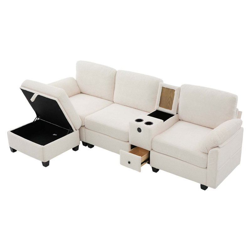 UNITED WE WIN L-type Multifunctional Corduroy Sofa with 4-seater Segmented Design, Cup Holder, USB Interface, Storage Box, Movable Console and Ottoman Style Storage Space