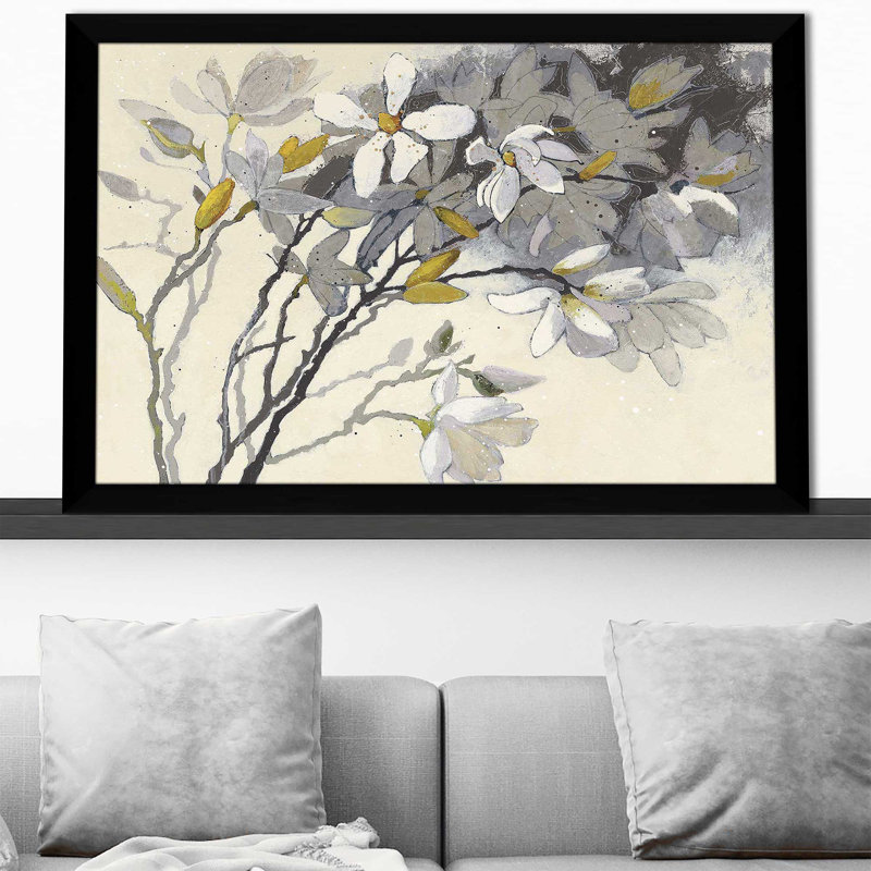 Magnolias jaune gris - Peinture, Cadre noir, H 21,5 po x l 27,5 po x P 0,75 po