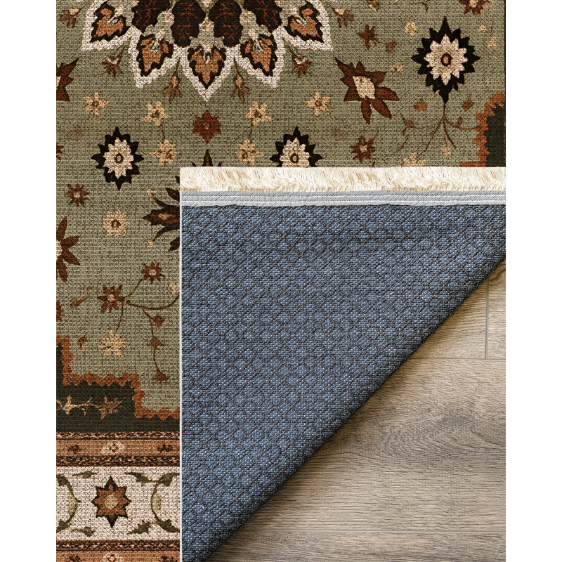 Jazeera Collection Digital Print Cotton-Polyester Green Beige Brown Floral Rug, Runner 3'4" x 16'5"