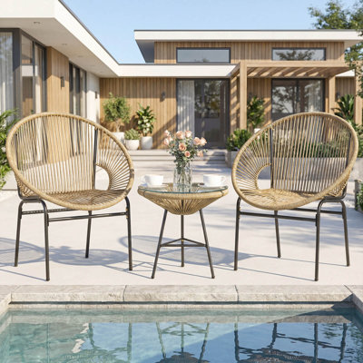 Ensemble de bistro 3 pièces en osier pour l'extérieur avec table en verre trempé beige et noir Acapulco