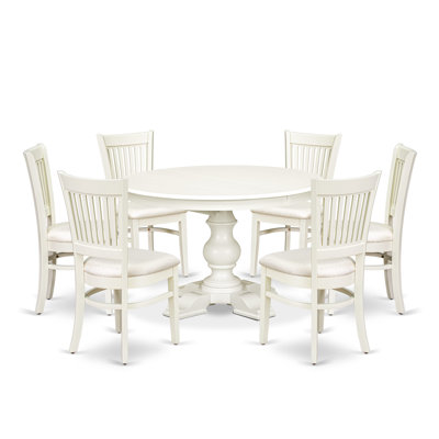 7-Piece Dining Table Set Consists of a  Dining Table with Extension Leaf and Pedestal Base, 6 Slatted Back Linen Fabric Padded Chairs, 48x66 Inch, Linen White Finish