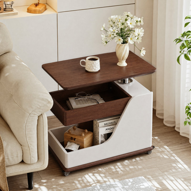 Table basse portative à hauteur réglable avec roulettes de rangement et verrouillables, table d'appoint en noyer pour le salon, le balcon ou la chambre à coucher