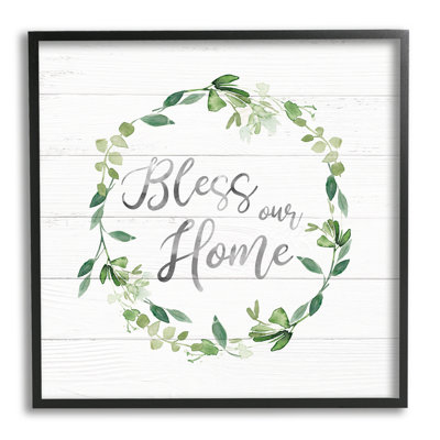 «Bless Our Home Farmhouse Leaves Wreath Calligraphy» par Carol Robinson - cadre flottant, art textuel sur bois