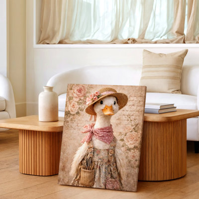 Canard rétro dans un chapeau de robe à fleurs, écharpe rose, Shabby Chic, impression sur toile, Botanique, salon, chambre à coucher, couloir, décoration murale surréelle moderne pour appartement, loft, entrée, maison