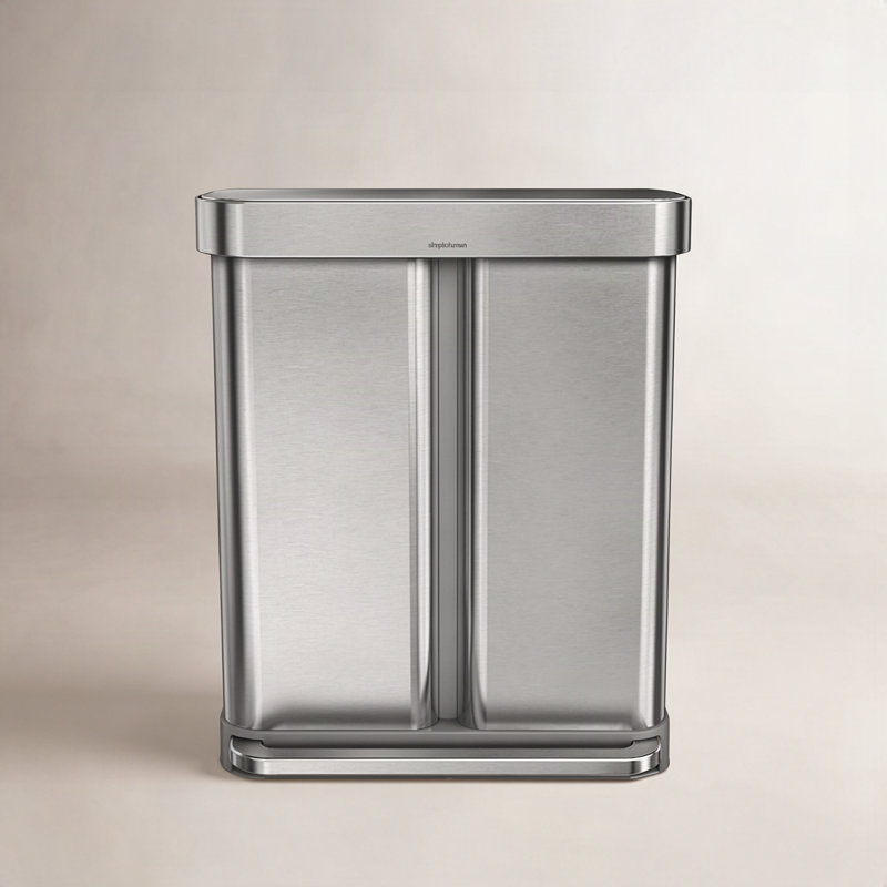Simplehuman 58L / 15.3 Gallon Hands-Free Dual Compartment Recycling Kitchen Step Trash Can with Lid, Brushed