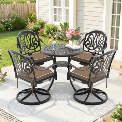 5 Piece Round Outdoor Patio Dining Set, 4 Swivel Chairs with Brown Cushions, Patio Bistro Table Featuring Umbrella Hole