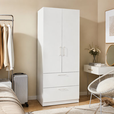 Armoire en bois Emma TwoDoor avec deux tiroirs et barres de suspension blanches