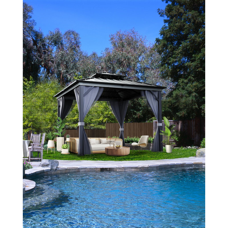 High-quality Hardtop Gazebo for Patio and Garden – Double Roof, Mosquito Netting, Privacy Curtains, Heavy-Duty Aluminum Pavilion, All-Weather Outdoor Canopy – 10x10FT – Color: Black Spray + Cloth Black Mesh