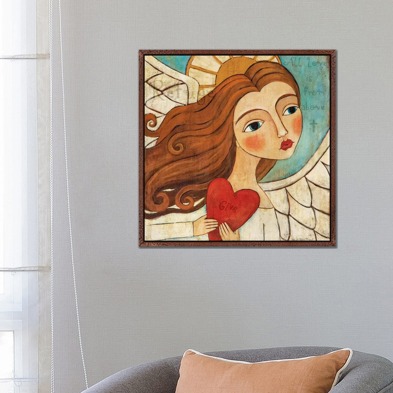 Angel In Blue With Word by Teresa Kogut - Painting on Canvas, Classic Brown Wood Framed, 66.04 cm H x 66.04 cm W