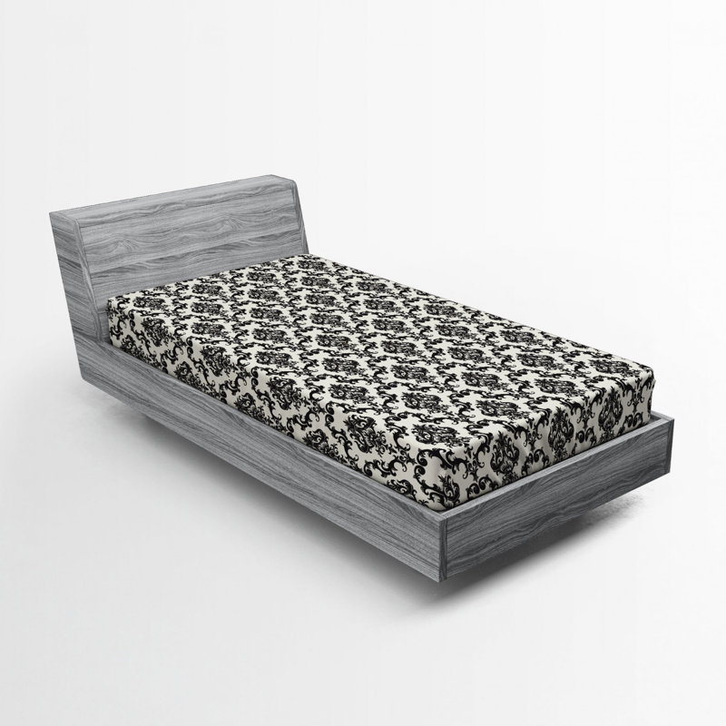 Microfiber Damask Fitted Sheet, Twin XL Fitted Sheet, Black/Beige