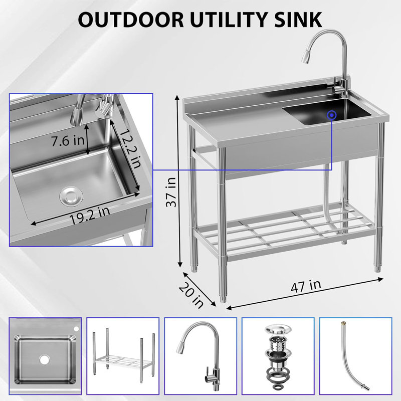 Outdoor Utility Sink Stainless Steel Single Bowl Free Standing Kitchen Sink