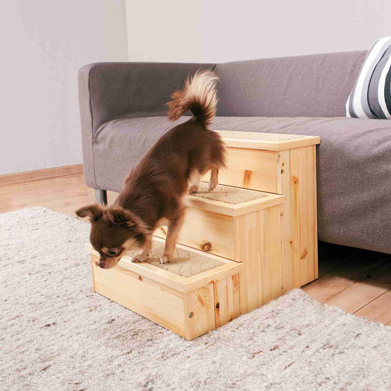 Natural Birch 3-Step Wooden Pet Stairs with Carpeted Steps