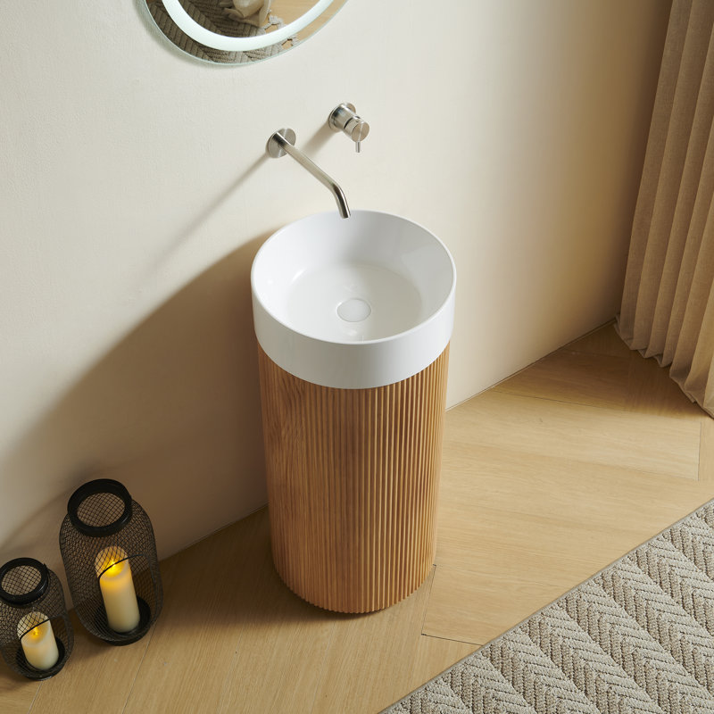 Meuble-lavabo autoportant simple Cylindra en bois massif, Grain de bois naturel, Blanc