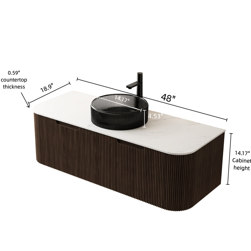Meuble-lavabo 48 po avec lavabo rond en verre noir transparent, 2 tiroirs de rangement, conception rayée 3D noyer foncé, armoire en cristal 48 po facile à installer, bords arrondis, système de fermeture en douceur