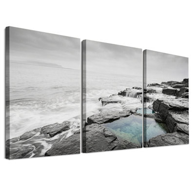 Ensemble de 3 toiles murales représentant une côte rocheuse en noir et blanc avec marée bleue
