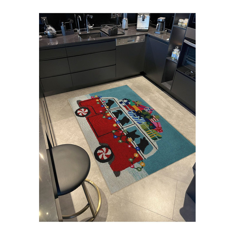 Turquoise Mini Van Car Patterned Creative Modern Decorative Washable Rug, Rectangle 2'6" x 4'11" Rug Pad Included