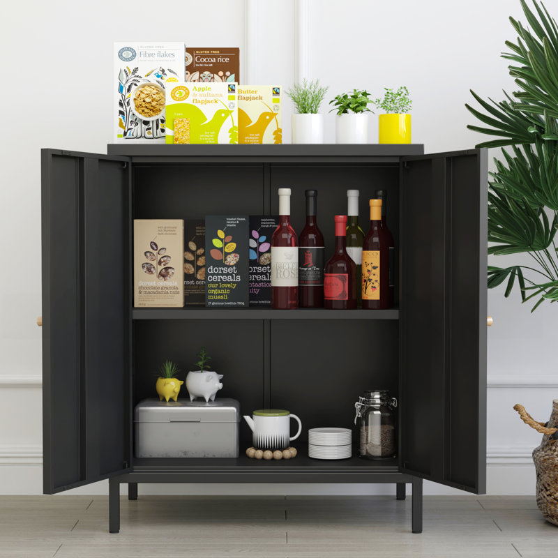 Small 2 Transparent Door Metal Storage Side Buffet Cabinet For Bed Room,Living Room,Entryway,Hallway,Home,Hotel,Office,Garage,Kitchen,4 Removable Shelf.