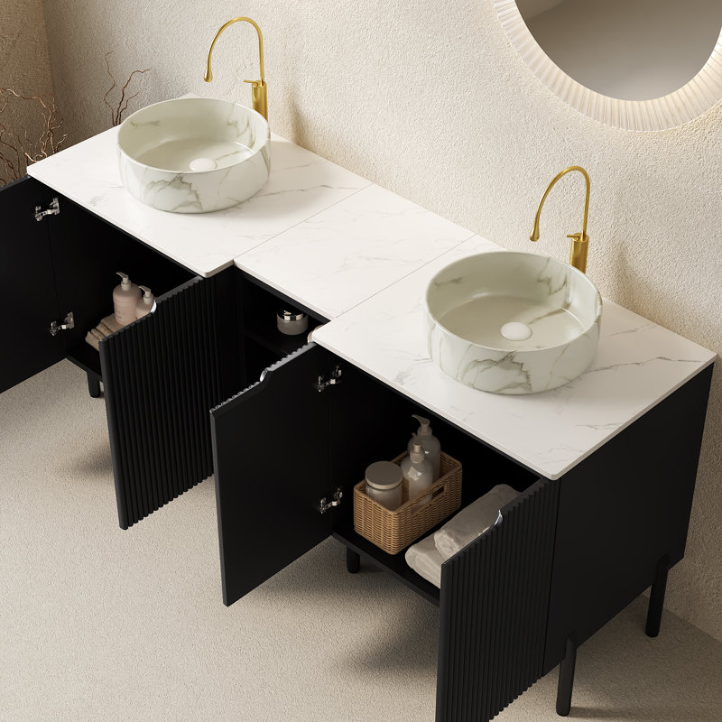 Meuble-lavabo double autoportant 60 po avec lavabo 60 po, 2 armoires de rangement rayées 24 po + tablette ouverte amovible 12 po, 2 vasques rondes blanches en pierre avec comptoir Carrara blanc