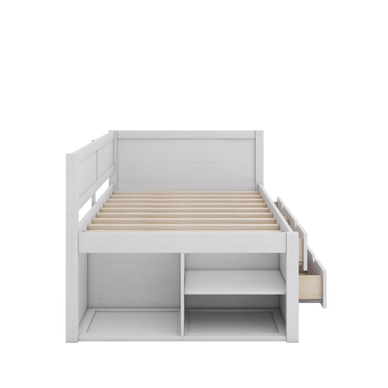 Lit de jour simple avec tiroirs et tablettes, Blanc