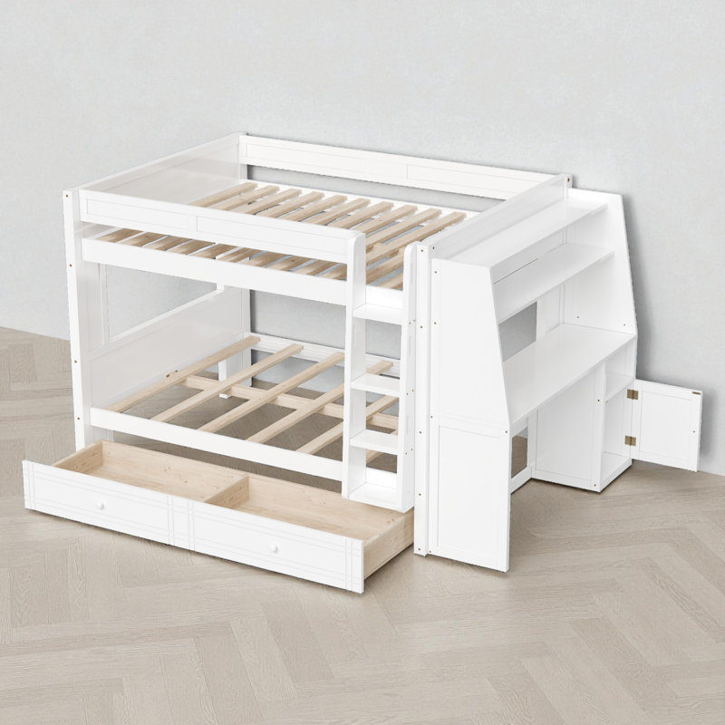 Lit superposé double au dessus d'un lit double avec bureau et rangement, Blanc