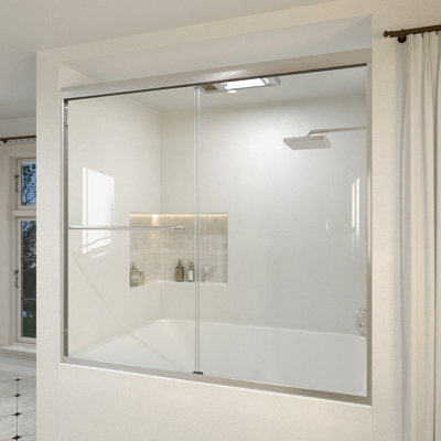 60 po Susurrus X P 56 po Porte de baignoire coulissante H en demi-cadre avec verre transparent en nickel brossé