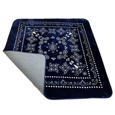 Camdenton Soft Touch Blanket Area Rug Oriental Paisley Navy Design Slip Resistant Dot Backing Square 6' x 6'