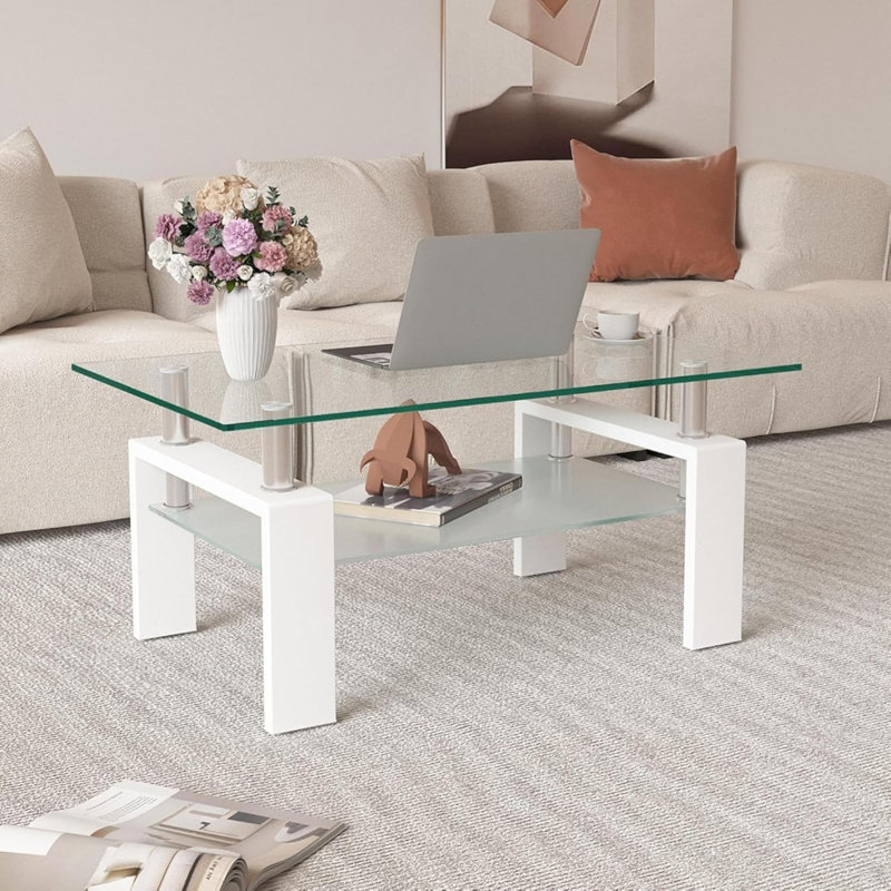 Table basse de salon en verre trempé transparent, 2 couches, H 17,7 po x L 39,37 po x l 23,62 po, Dupliquer transparent